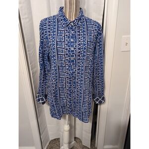 Tizzie Shirt Women XL Contrast‎ Cuff Geometric Cotton Button Up Eclectic Funky